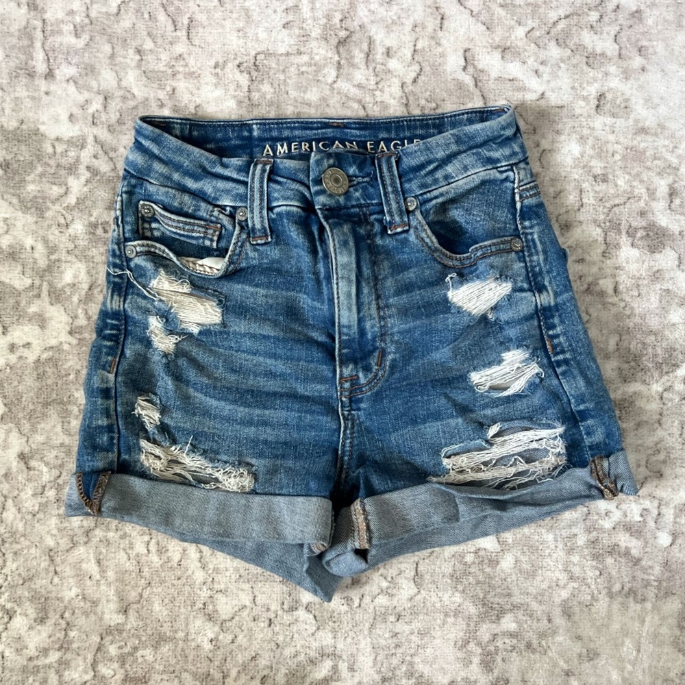 American Eagle Curvy High Rise Blue Jean Shorts Distressed